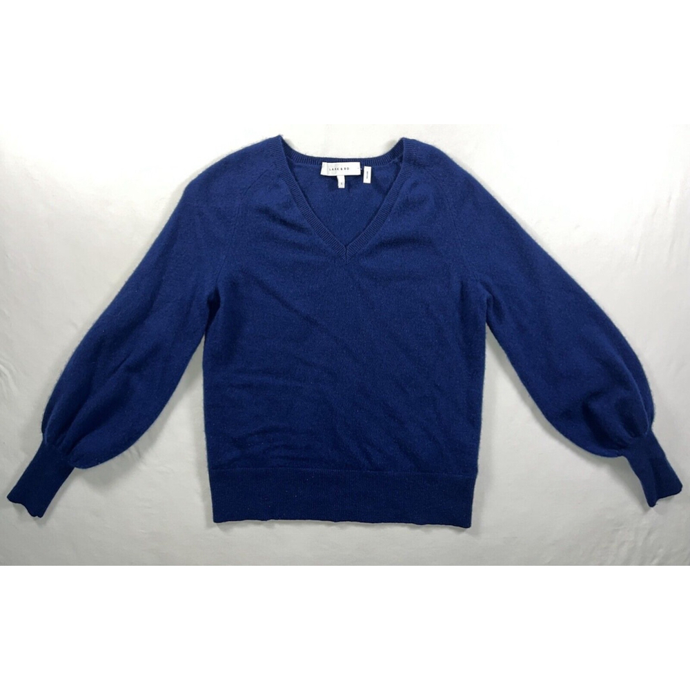 Lark & Ro Women’s 100% Cashmere Sweater Blue V Neck Balloon Sleeves Size Small